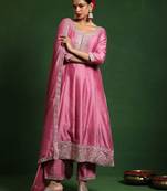 Floral Embroidered Round Neck A-Line Kurta With Trousers And Dupatta