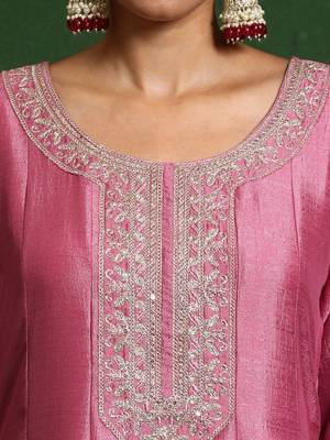 Floral Embroidered Round Neck A-Line Kurta With Trousers And Dupatta 3