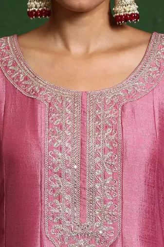Floral Embroidered Round Neck A-Line Kurta With Trousers And Dupatta