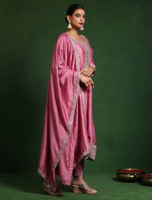 Floral Embroidered Round Neck A-Line Kurta With Trousers And Dupatta 4
