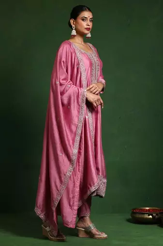 Floral Embroidered Round Neck A-Line Kurta With Trousers And Dupatta