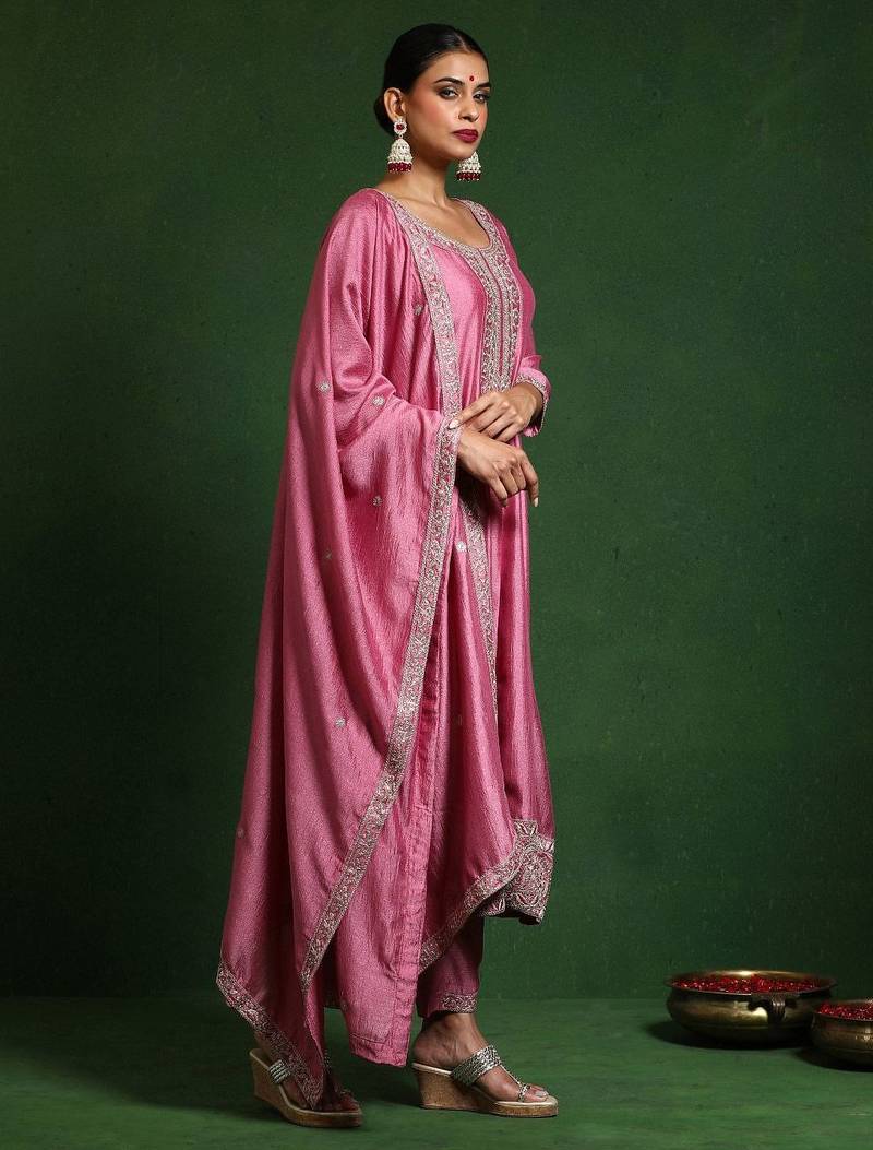 Floral Embroidered Round Neck A-Line Kurta With Trousers And Dupatta