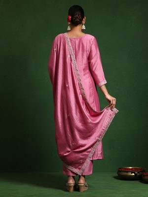 Floral Embroidered Round Neck A-Line Kurta With Trousers And Dupatta 5