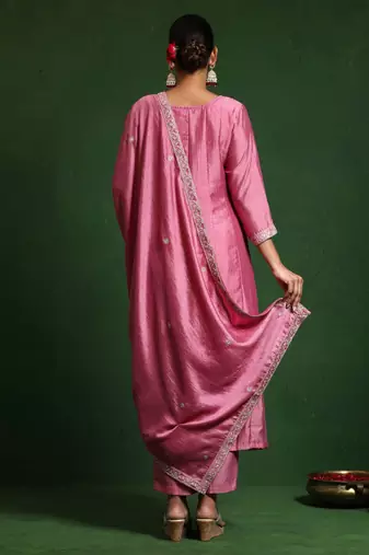 Floral Embroidered Round Neck A-Line Kurta With Trousers And Dupatta