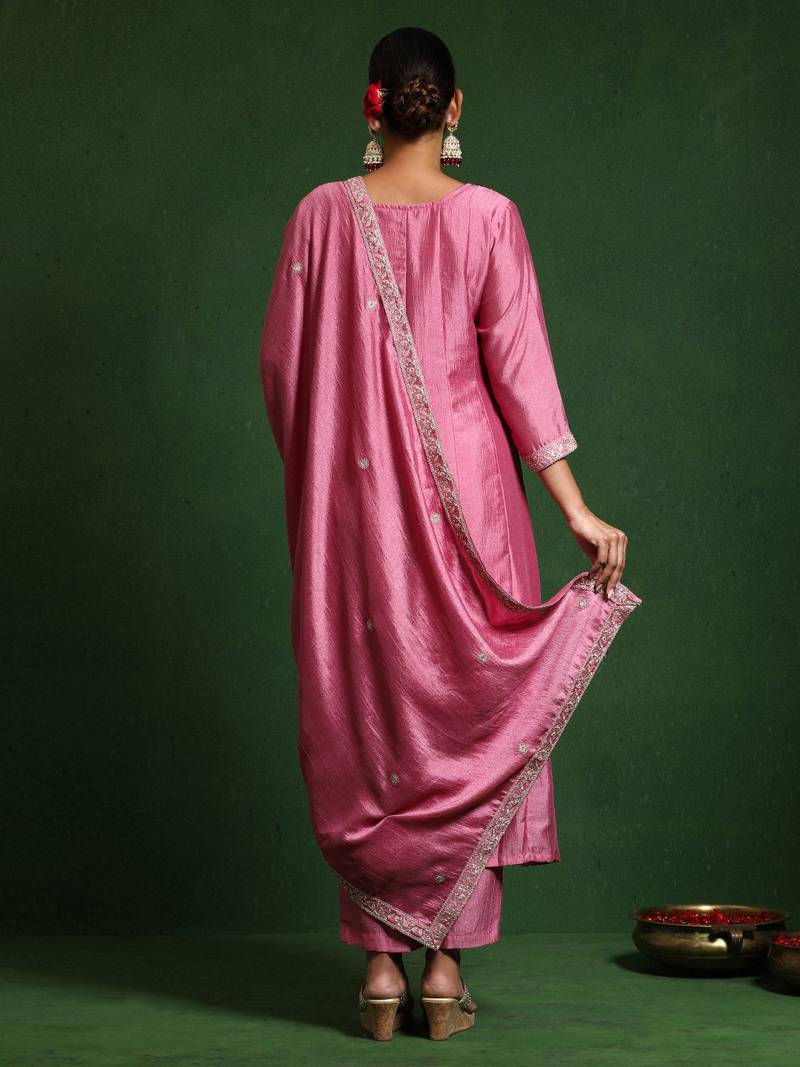 Floral Embroidered Round Neck A-Line Kurta With Trousers And Dupatta