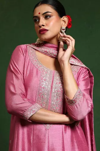 Floral Embroidered Round Neck A-Line Kurta With Trousers And Dupatta