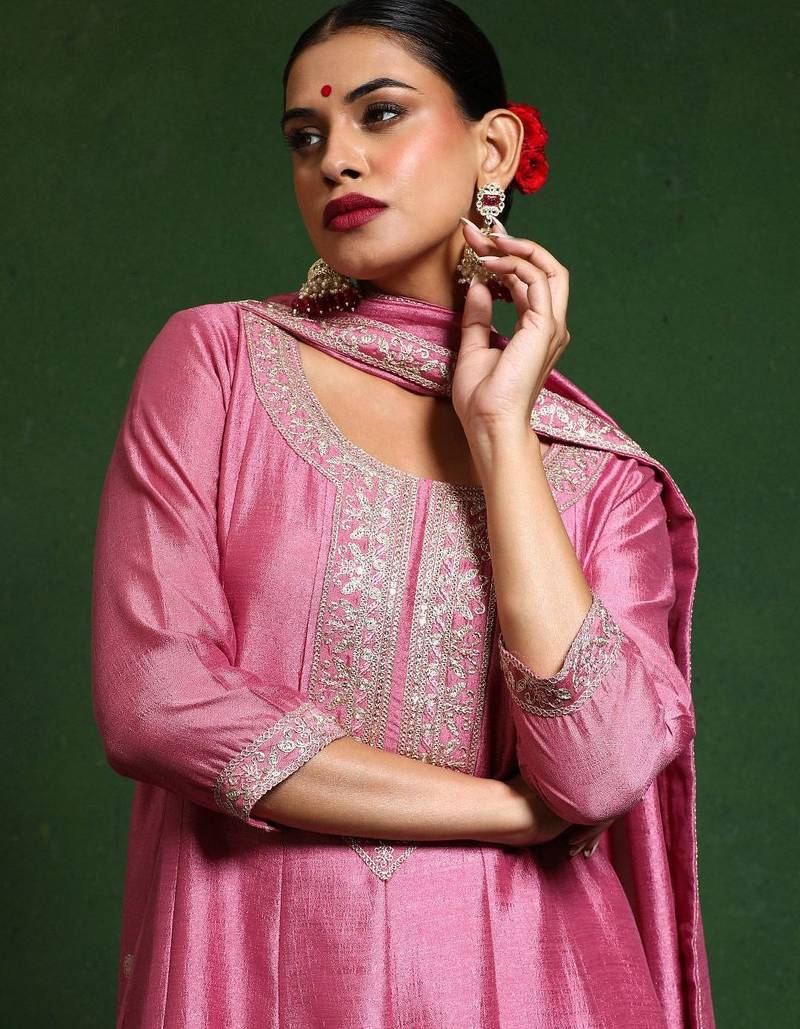 Floral Embroidered Round Neck A-Line Kurta With Trousers And Dupatta
