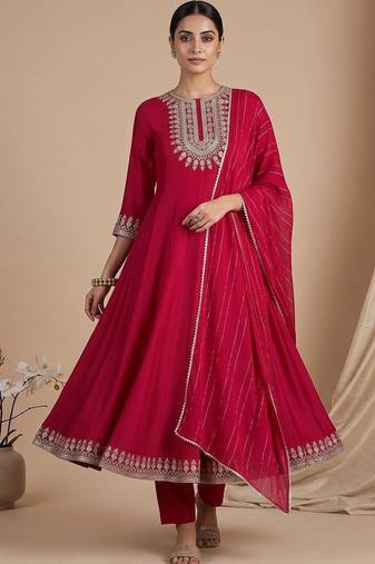 Women Ethnic Motifs Embroidered Empire Thread Work Kurta with Trousers & With Dupatta