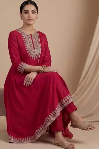 Women Ethnic Motifs Embroidered Empire Thread Work Kurta with Trousers & With Dupatta