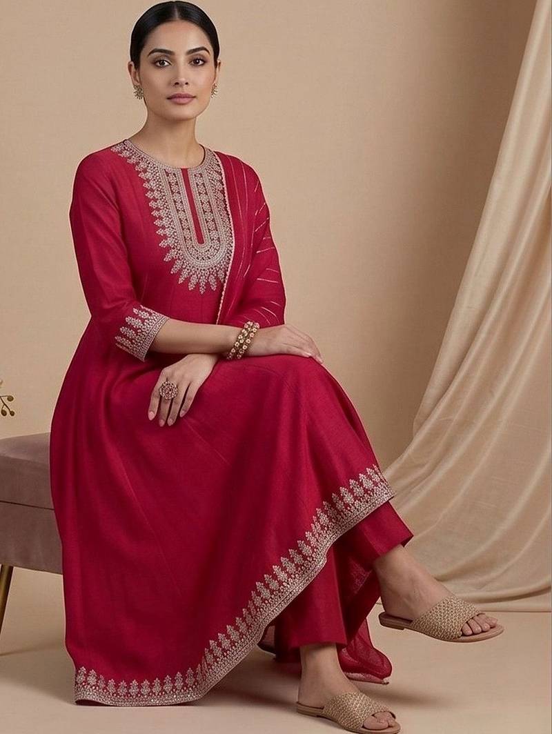 Women Ethnic Motifs Embroidered Empire Thread Work Kurta with Trousers & With Dupatta