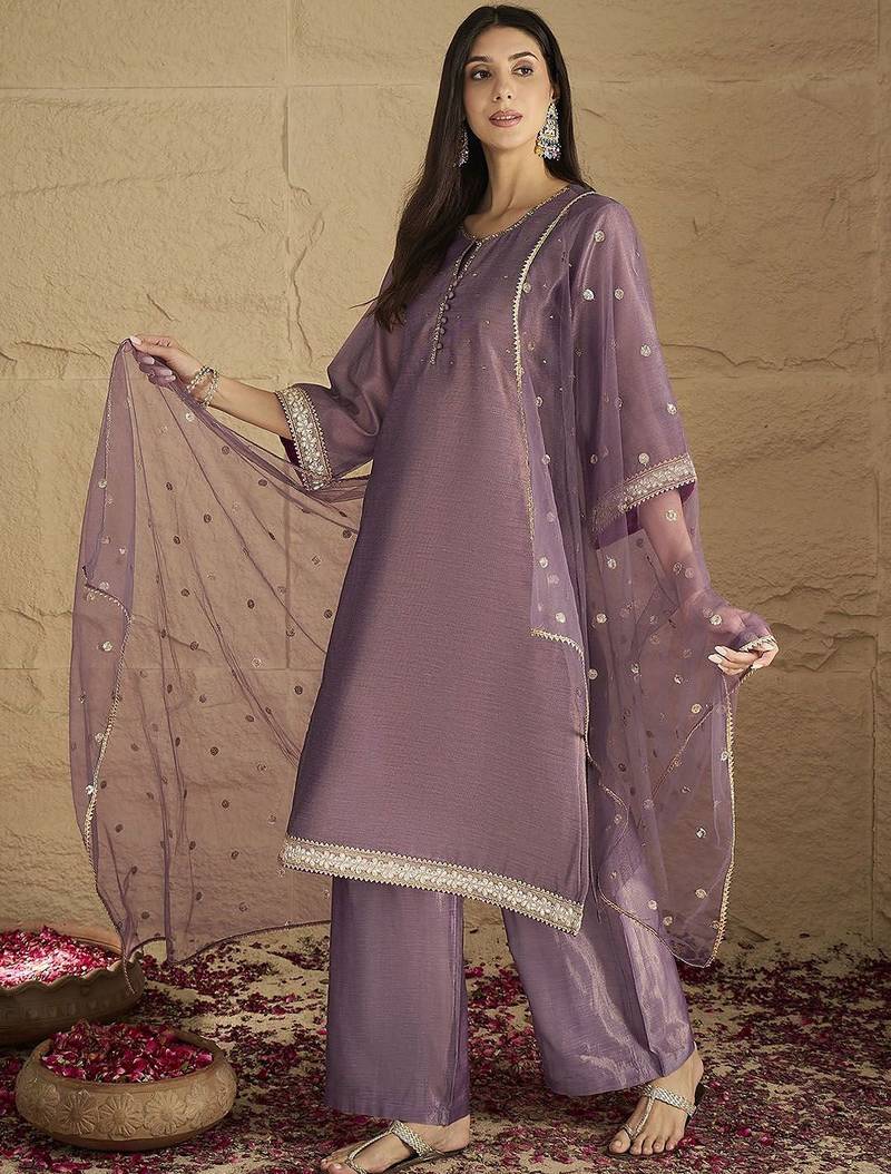 Women Regular Sequinned Kurta with Palazzos & With Dupatta
