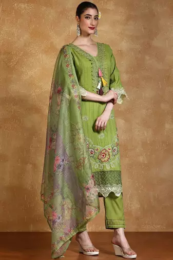 Women Floral Embroidered Thread Work Pure Cotton Kurta with Trousers & Dupatta