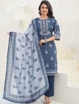 Women Printed Regular  Cotton Kurta And Trousers With Dupatta 1