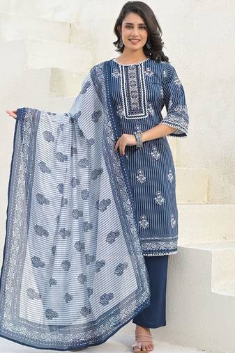 Women Printed Regular  Cotton Kurta And Trousers With Dupatta
