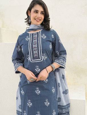Women Printed Regular  Cotton Kurta And Trousers With Dupatta 2