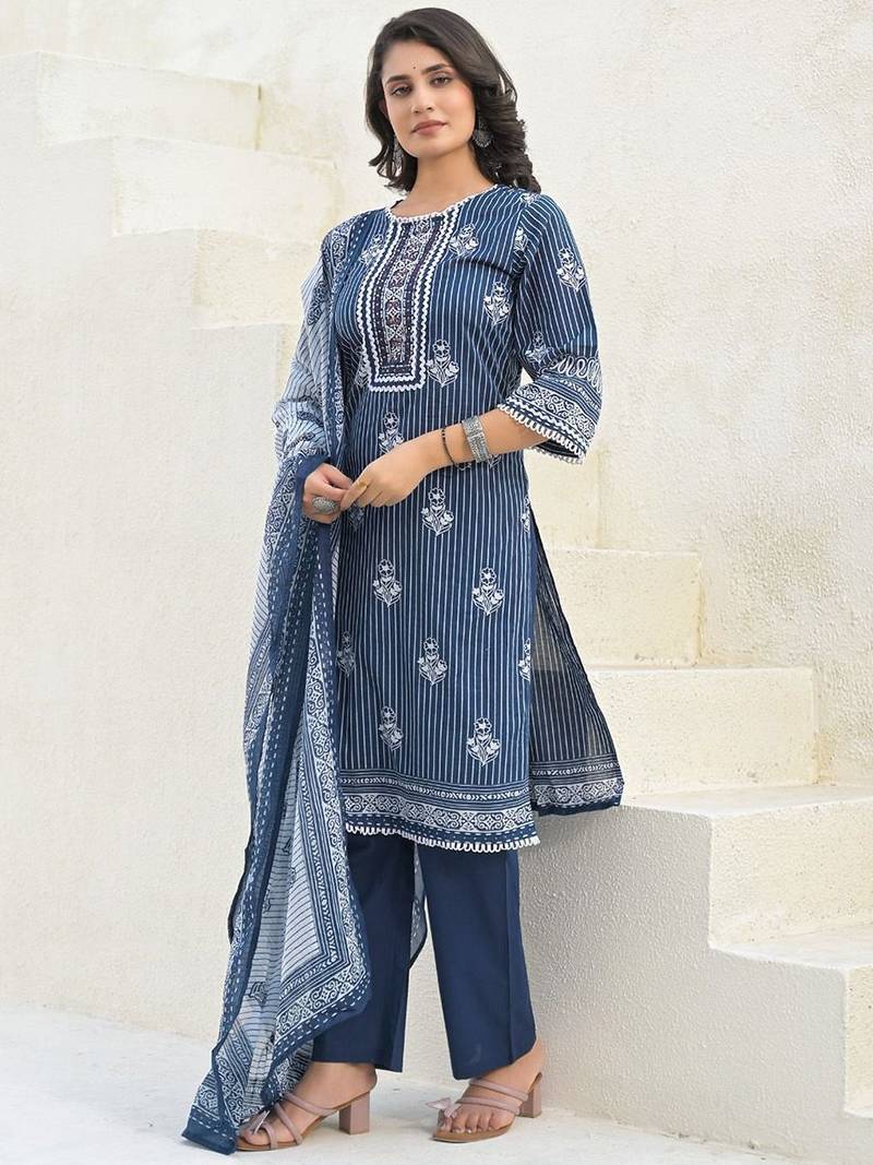 Women Printed Regular  Cotton Kurta And Trousers With Dupatta