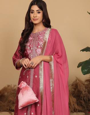 Women Floral Embroidered Regular  Silk Kurta with Trousers & Fringed Dupatta 2