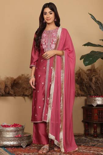 Women Floral Embroidered Regular  Silk Kurta with Trousers & Fringed Dupatta