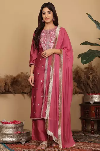 Women Floral Embroidered Regular Pure Silk Kurta with Trousers & Fringed Dupatta