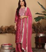Women Floral Embroidered Regular  Silk Kurta with Trousers & Fringed Dupatta