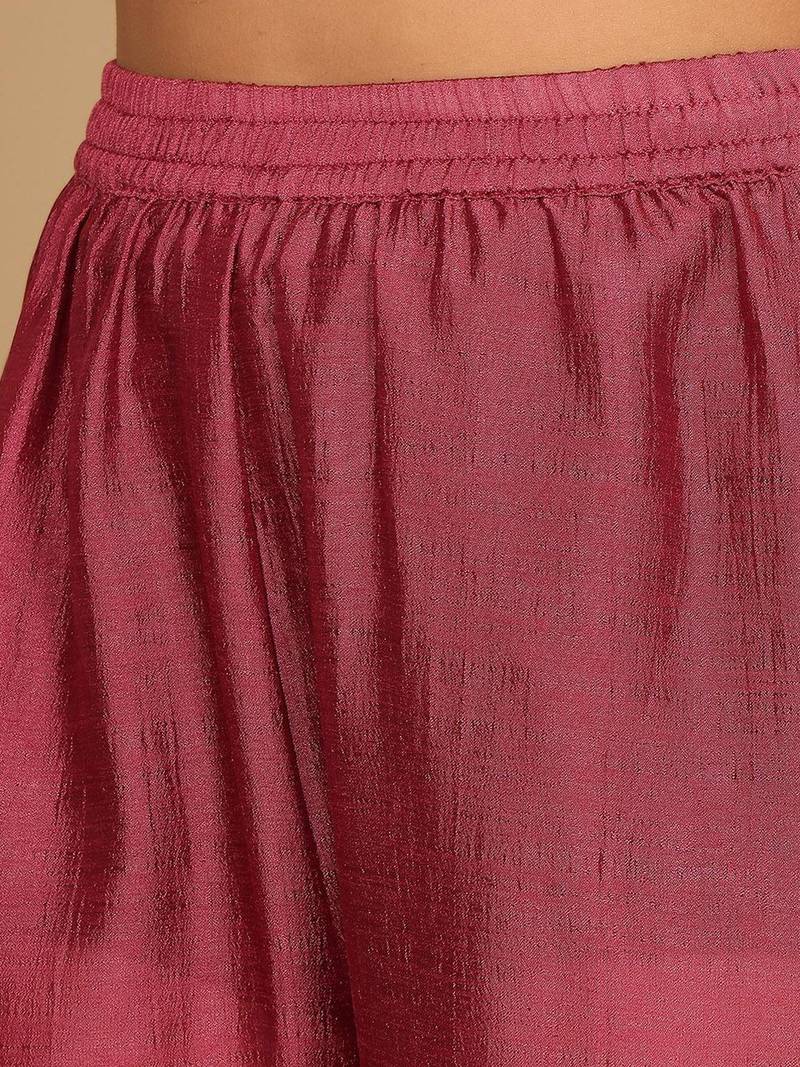 Women Floral Embroidered Regular  Silk Kurta with Trousers & Fringed Dupatta