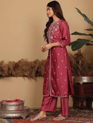 Women Floral Embroidered Regular  Silk Kurta with Trousers & Fringed Dupatta 5