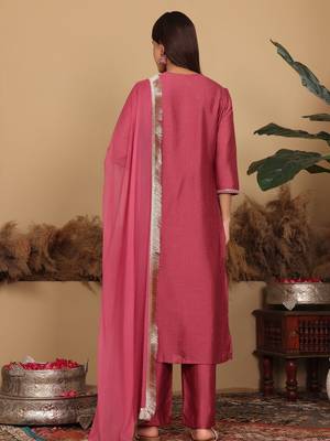 Women Floral Embroidered Regular  Silk Kurta with Trousers & Fringed Dupatta 6