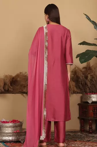 Women Floral Embroidered Regular Pure Silk Kurta with Trousers & Fringed Dupatta