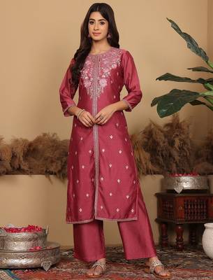 Women Floral Embroidered Regular  Silk Kurta with Trousers & Fringed Dupatta 7