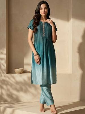 Women Ombre Dyed Pleated Thread Work Kurta with Trousers 1