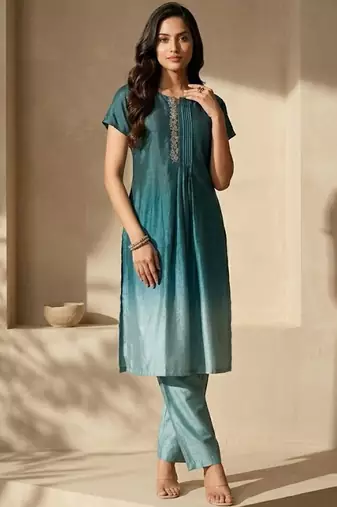 Women Ombre Dyed Pleated Thread Work Kurta with Trousers