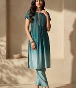 Women Ombre Dyed Pleated Thread Work Kurta with Trousers