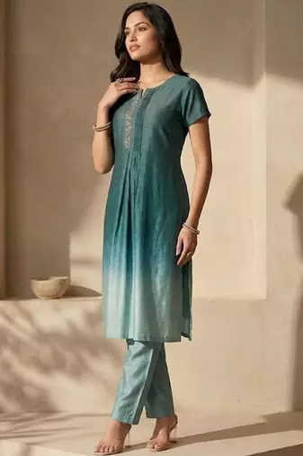Women Ombre Dyed Pleated Thread Work Kurta with Trousers