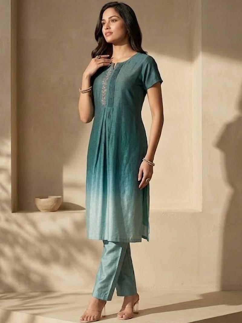 Women Ombre Dyed Pleated Thread Work Kurta with Trousers