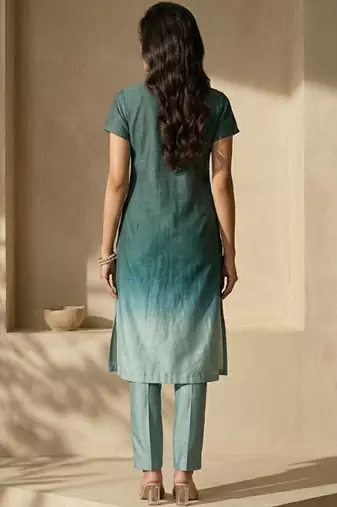 Women Ombre Dyed Pleated Thread Work Kurta with Trousers