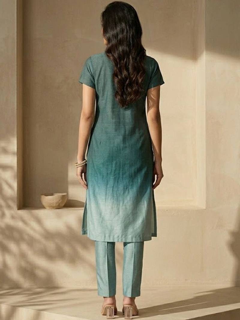 Women Ombre Dyed Pleated Thread Work Kurta with Trousers