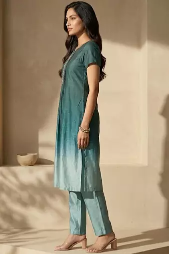 Women Ombre Dyed Pleated Thread Work Kurta with Trousers