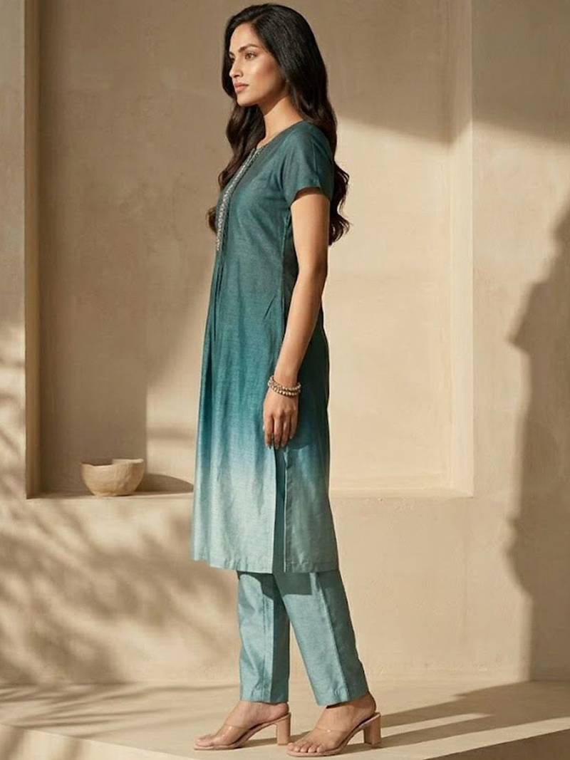 Women Ombre Dyed Pleated Thread Work Kurta with Trousers