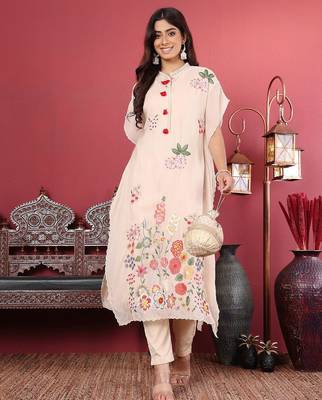 Off White Floral Embroidered Thread Work Kaftan Kurta with Trousers 1