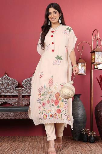 Off White Floral Embroidered Thread Work Kaftan Kurta with Trousers