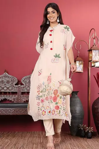 Off White Floral Embroidered Thread Work Kaftan Kurta with Trousers