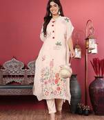 Off White Floral Embroidered Thread Work Kaftan Kurta with Trousers