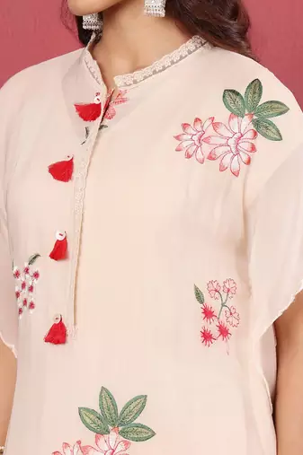 Off White Floral Embroidered Thread Work Kaftan Kurta with Trousers
