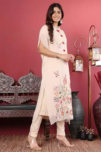 Off White Floral Embroidered Thread Work Kaftan Kurta with Trousers
