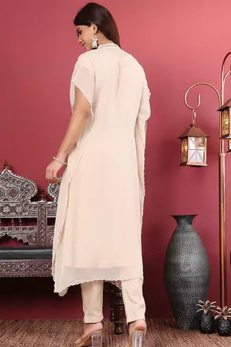 Off White Floral Embroidered Thread Work Kaftan Kurta with Trousers