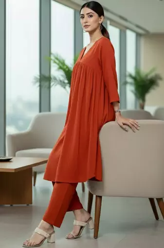 Women Empire Silk Crepe Kurti with Trousers