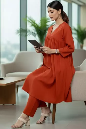 Women Empire Silk Crepe Kurti with Trousers