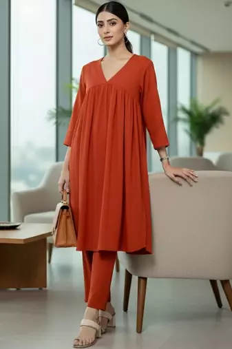 Women Empire Silk Crepe Kurti with Trousers