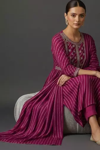 Women Printed Panelled Thread Work Kurta with Trousers & With Dupatta