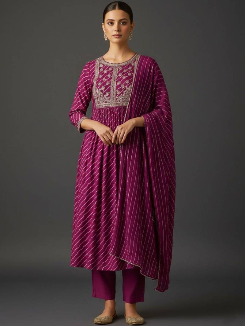 Women Printed Panelled Thread Work Kurta with Trousers & With Dupatta